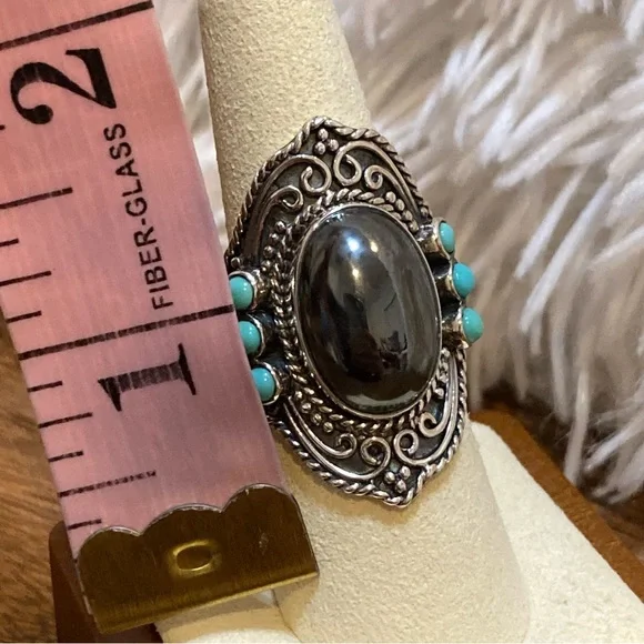 Set Turquoise and Hematine Statement Ring and Pendant Sterling Silver - Picture 13 of 15